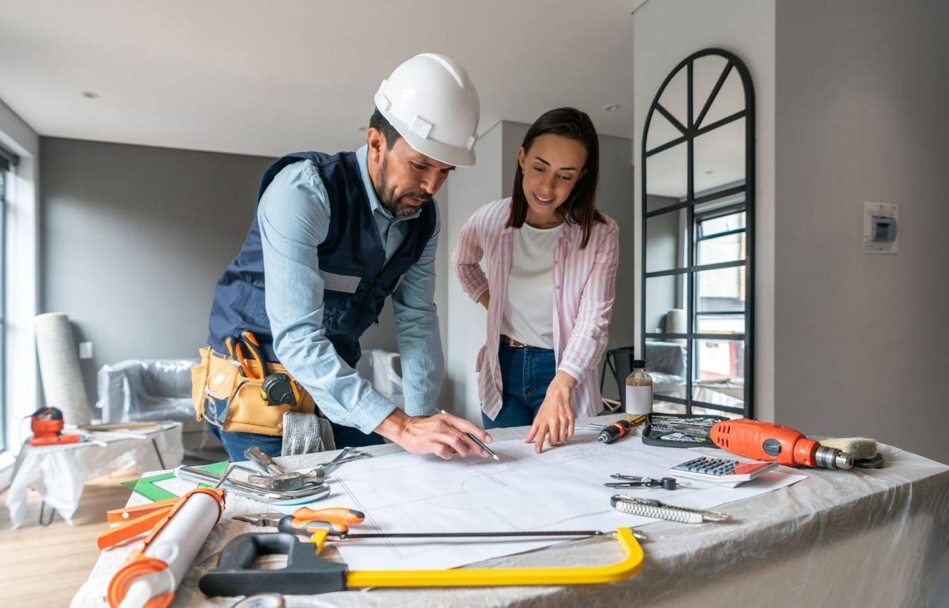 Contractor reviewing blueprints with homeowner during renovation