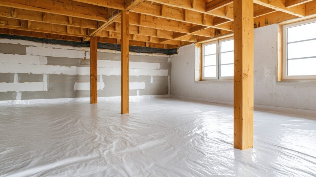 Basement waterproofing in progress