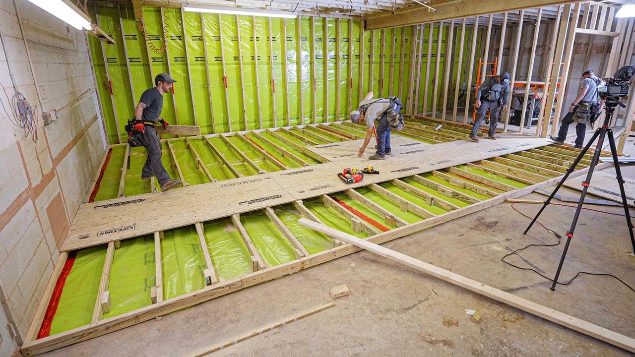 Construction crew working on commercial framing project